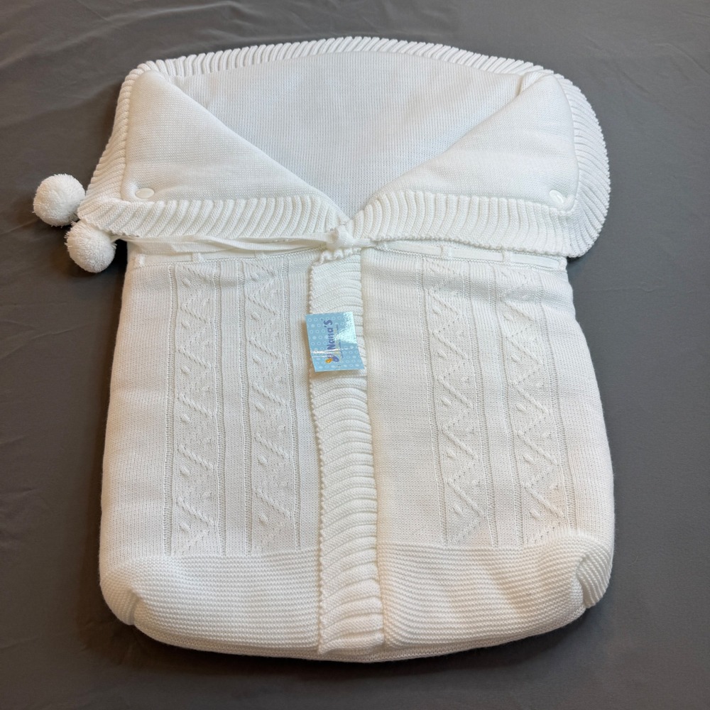 Nana's White Cable Knit Baby Bunting Bag Pom Pom Sleep Nest Made in Spain NWT